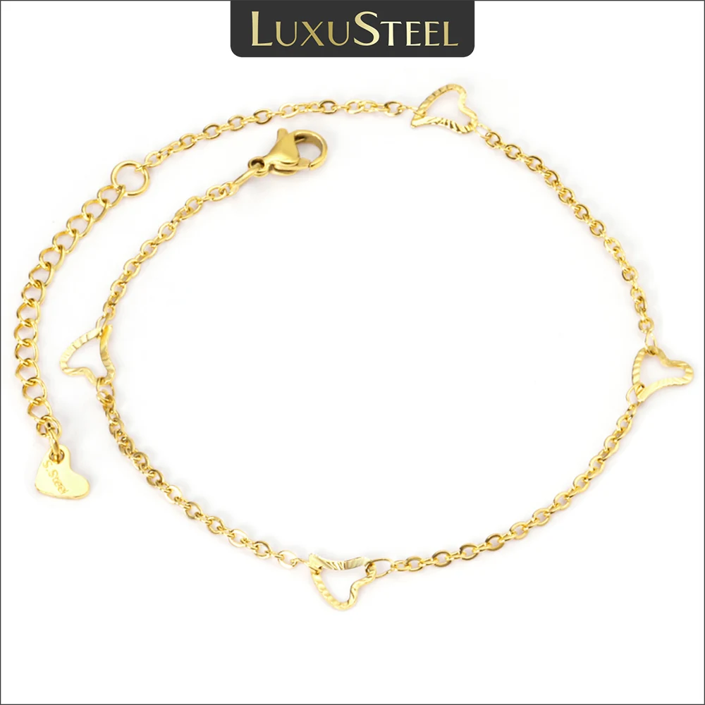 LUXUSTEEL Golden Color Heart Charm Anklets For Women Trendy Stainless Steel Anklet Bracelet Daily Summer Beach Accessories