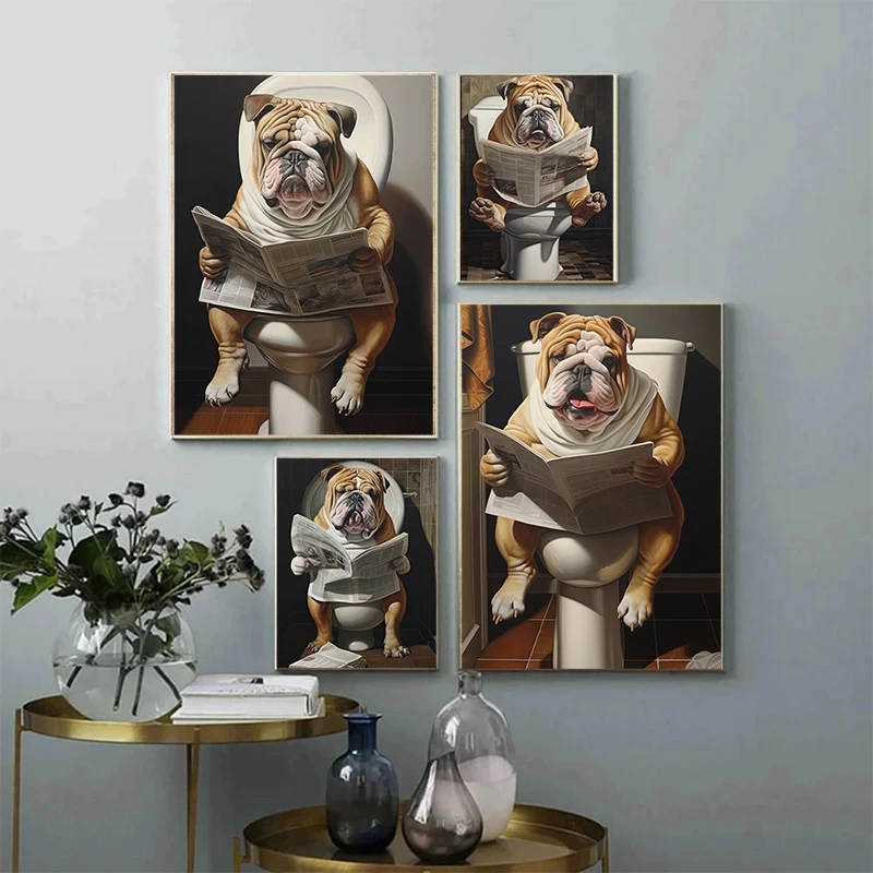 Funny British Bulldog Poster Playing Basketball Reading Newspapers Baking Surfing Canvas Painting Wall Art Picture Home Decor