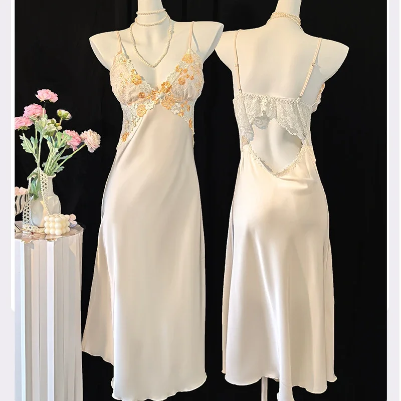 

Роскошные женские атласные пижамы Vestidos De Novia, ночная рубашка, сексуальный длинный халат с цветочной вышивкой, комплект на тонких бретельках, интимное белье
