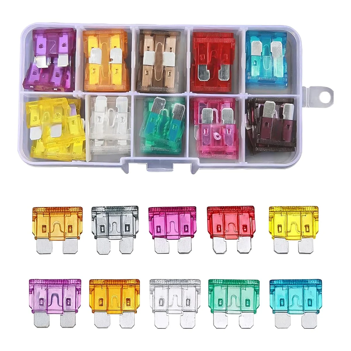 50pcs/100pcs Car Fuse Assortment Set Profile Middle Size Blade Type Fuse Auto Car Truck 2-35A Fuse with Box Clip