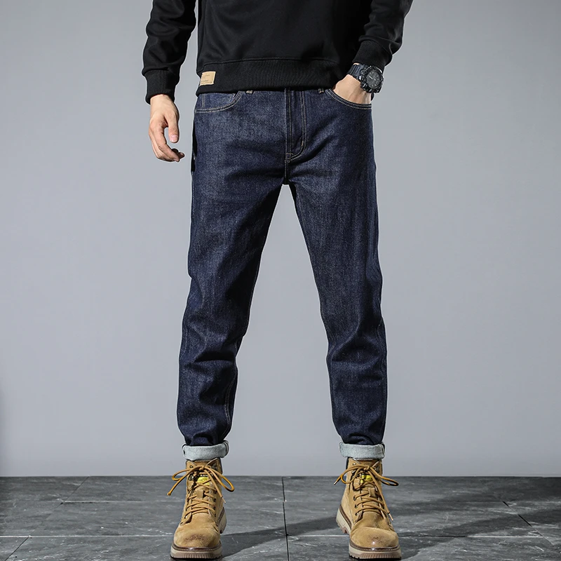 

High Quality 99% Cotton Men's Vintage Washed Blue Jeans 2025 SS American Streetwear Slim Straight Tapered Denim Pants