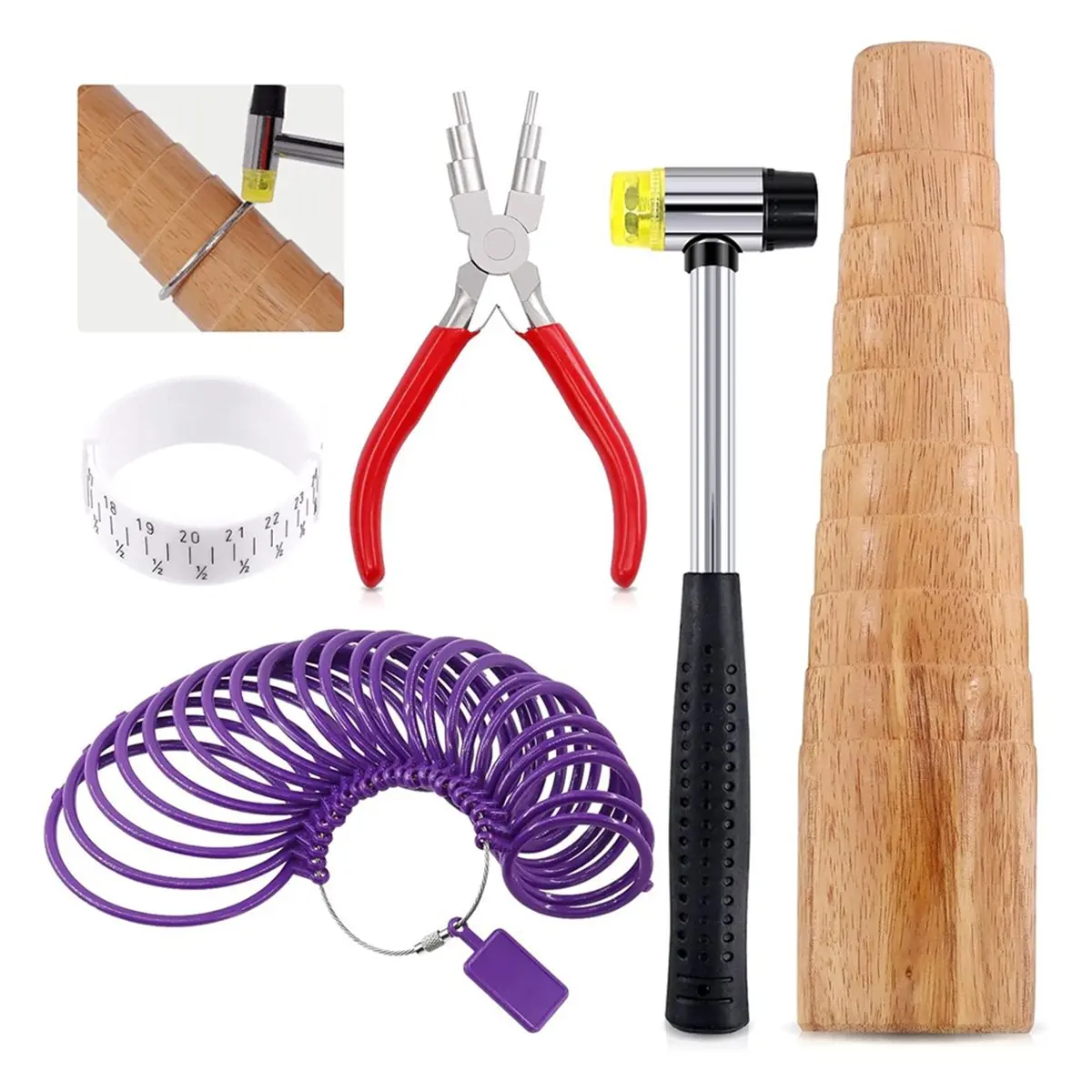 Y32A J~5Pcs Jewelry Tool Set Including Rubber Hammer, Wooden Bracelet Sizing Bangle Mandrel, Jewelry Pliers, for Jewelry Making