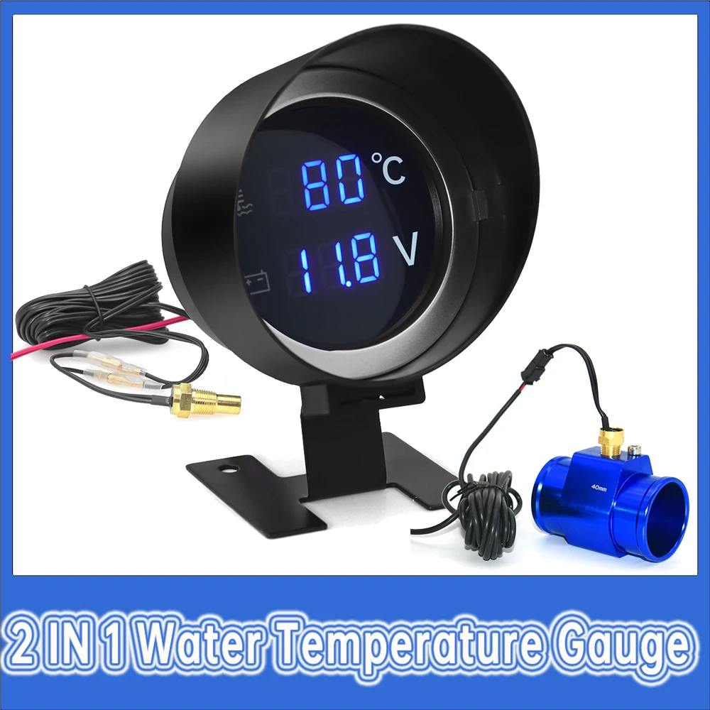 2 IN1 Digital Car Truck Water Temp Gauge Temperature Sensor 1/8NPT Voltmeter with Water Temp Joint Pipe Sensor -10-110 Celsius 