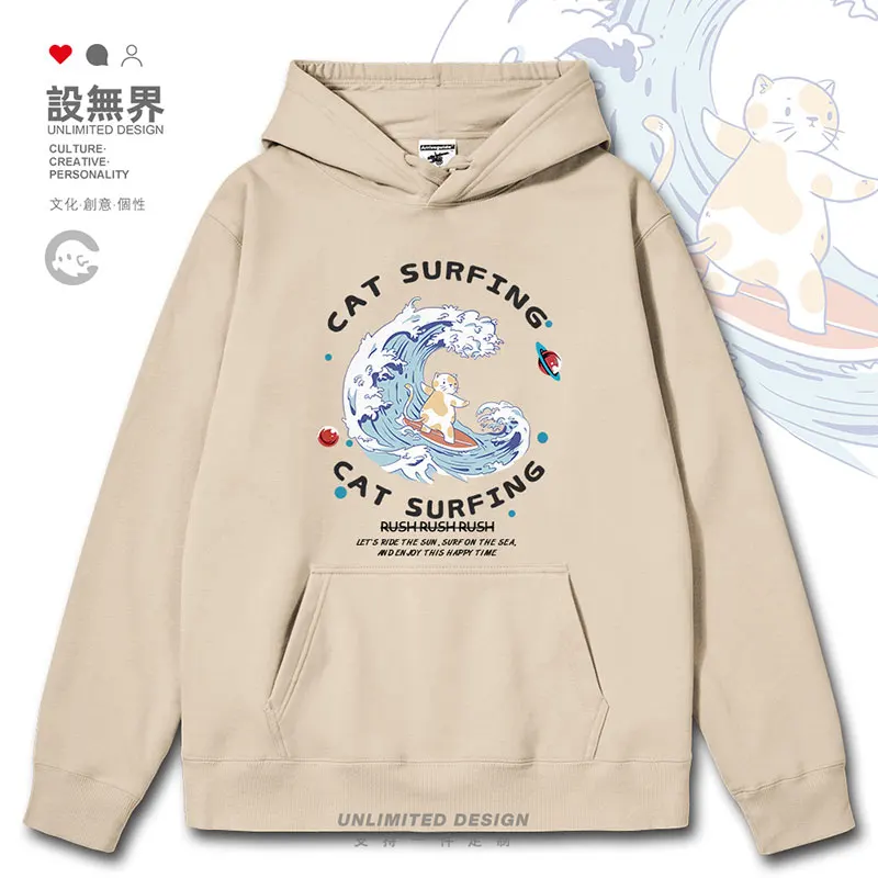 Cute Surfer Cat Cute Cartoon Fun mens hoodies long sleeve for men white crewneck sweatshirt clothing men autumn winter clothes