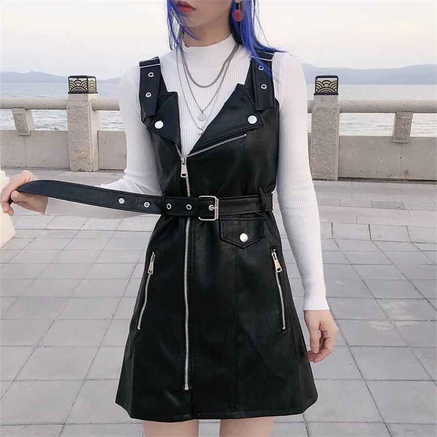 2023 neue Mode Herbst Frauen Pu Strap Kleid weibliche große Schlinge Kunstleder Kleider hohe Taille Tops Streetwear Mujer wz2283