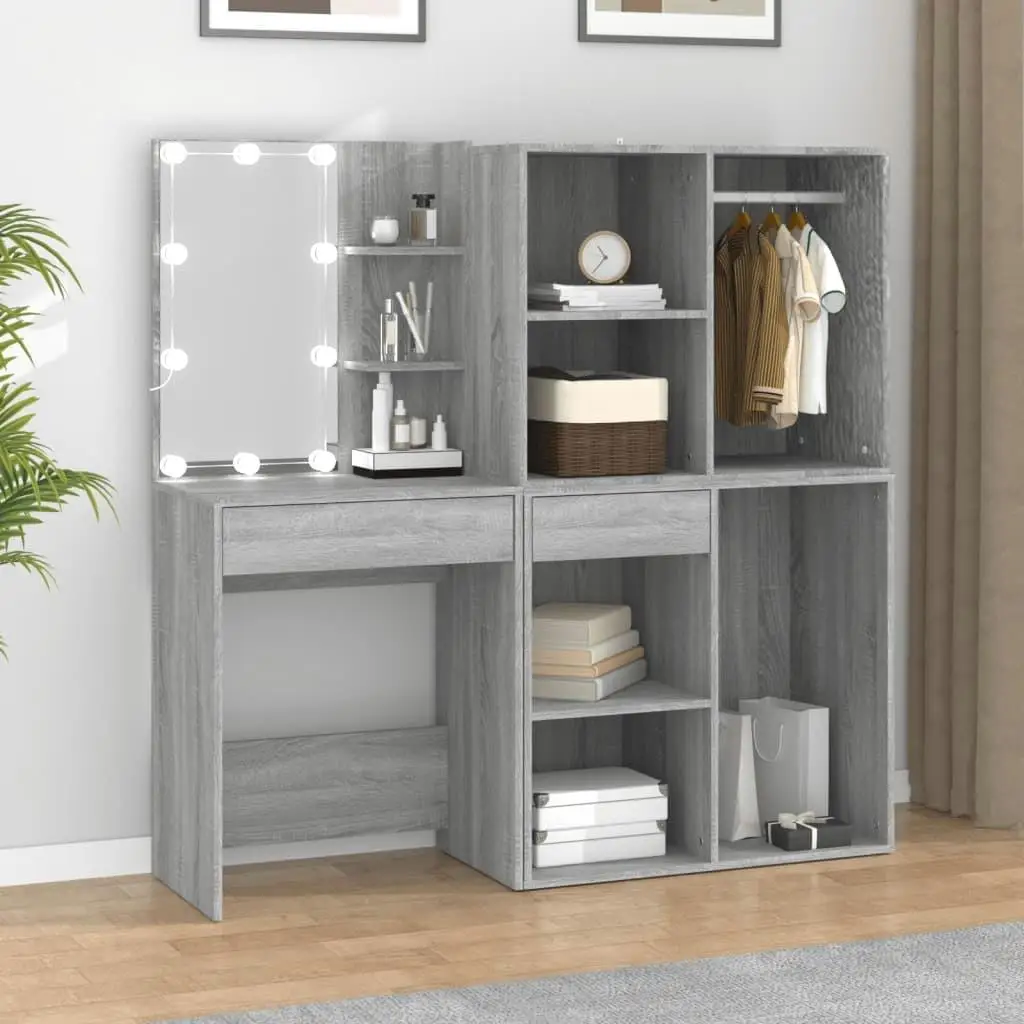 Sonoma Grey Engineered Wood LED Dressing Table with Storage Cabinets - Modern Vanity Furniture