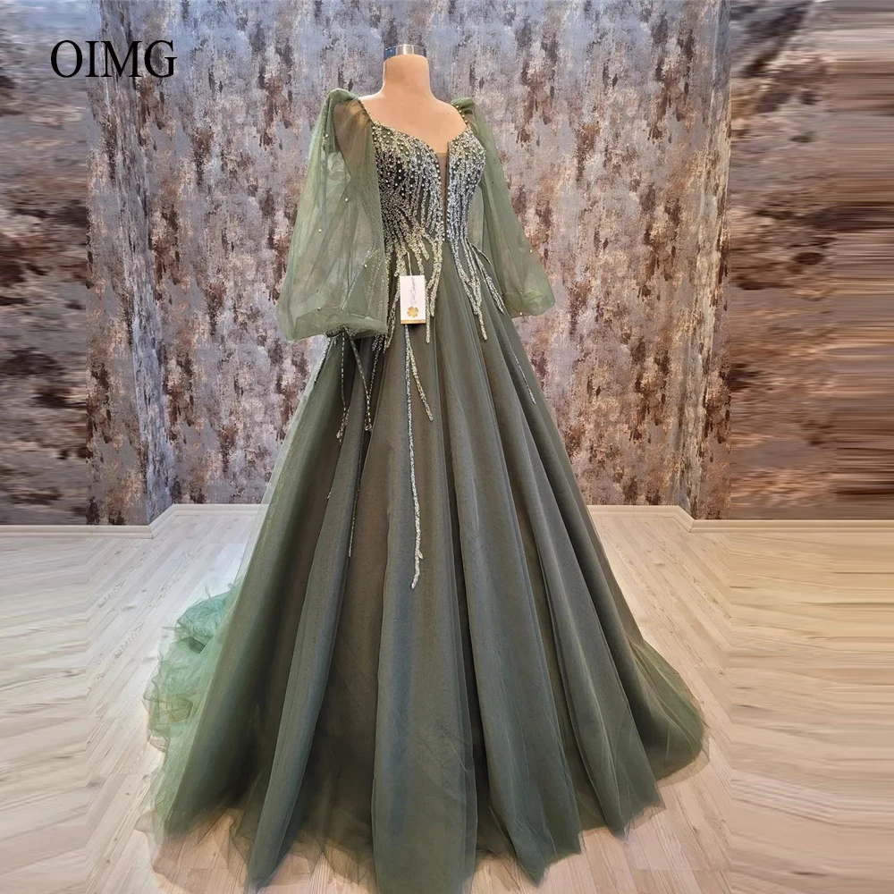 

OIMG Army Green Lace And Tulle Dubai Arabic Women Evening Dresses Puff Long Sleeves Sweetheart Formal Prom Gowns Robe de soiree