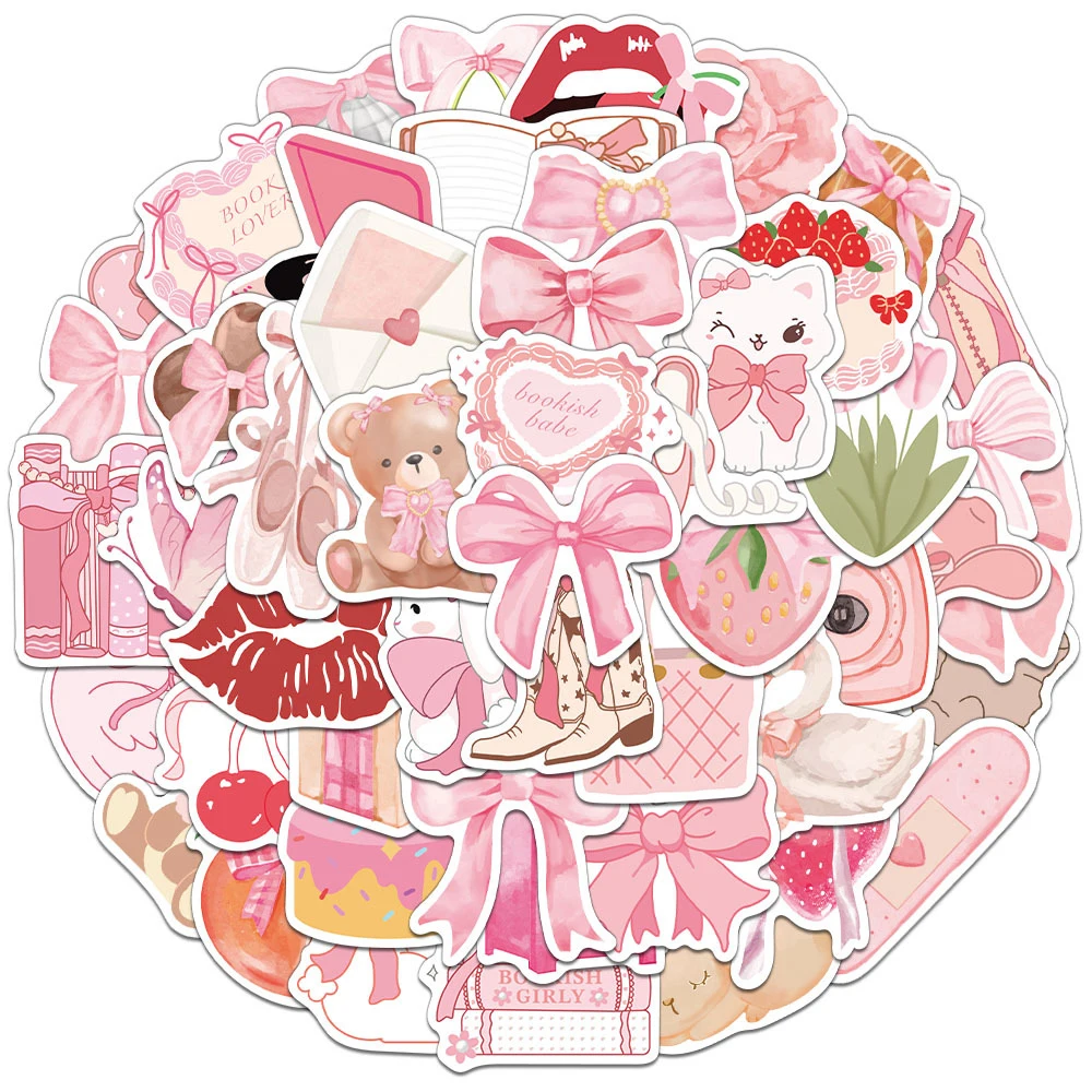 

10/30/50pcs Cartoon Pink Bow Girl Ins Style Stickers Aesthetic DIY Scrapbook Guitar Phone Laptop Cute Graffiti Decals Decoration