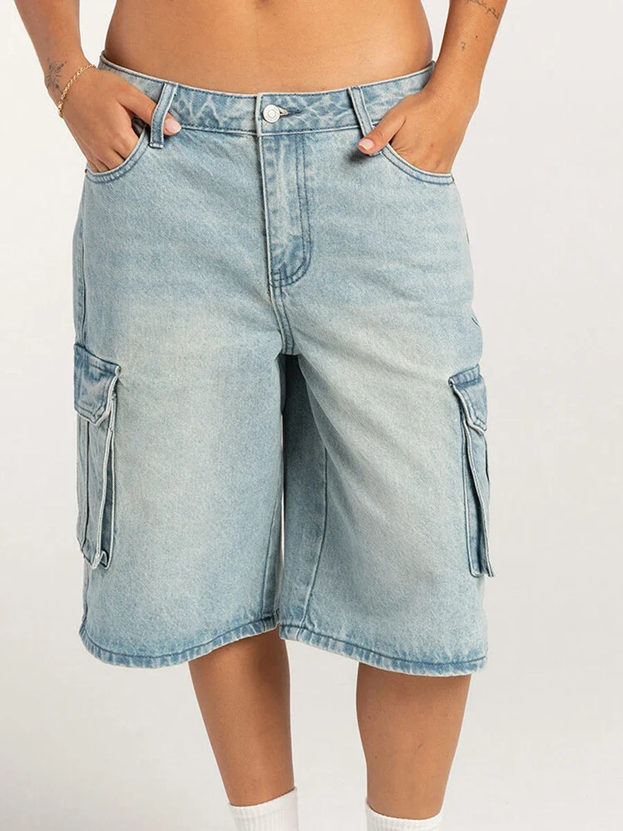 Nieuwe Mode Dames Zomer Denim Shorts Casual Effen Kleur Jean Korte Broek Met Zakken Voor Vakantie Strandclub Streetwear