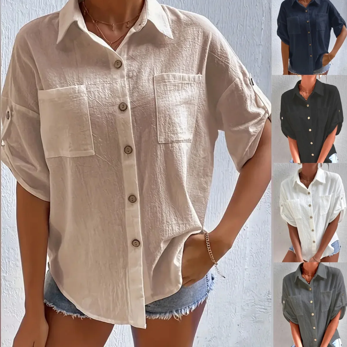 Elegant Cotton Linen Shirts Women Casual Solid Button Lapel Blouses Shirts Spring Summer Long Sleeve Loose Tops Tunic Blusas