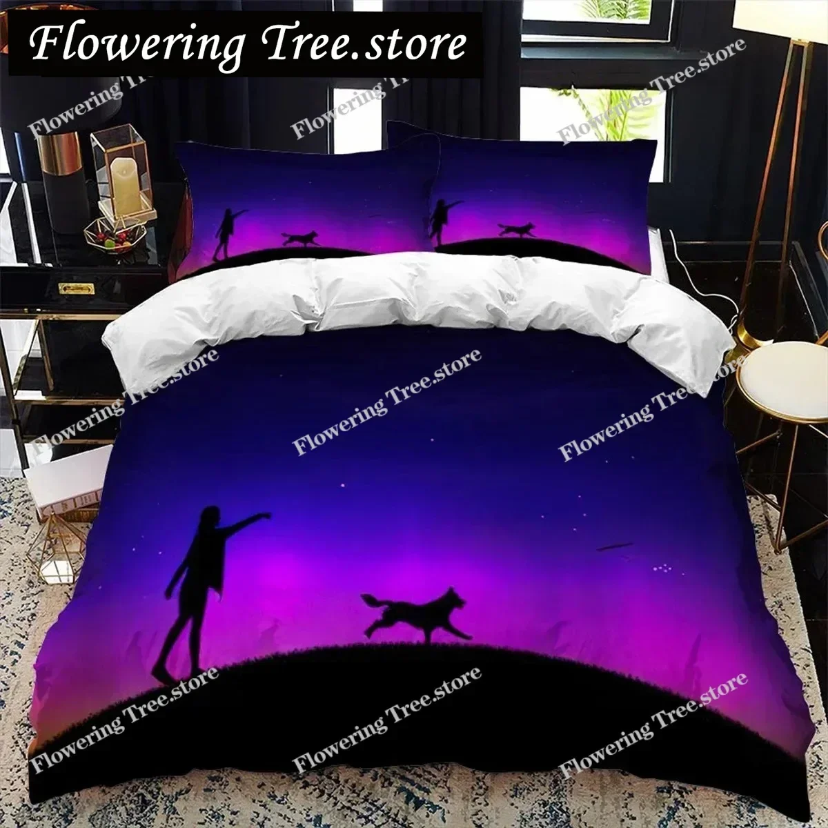 Animal Silhouette Duvet Cover Set Howling Under The Moon Animal Theme Quilt Cover for Kids Boys Microfiber King Twin Bedding Set