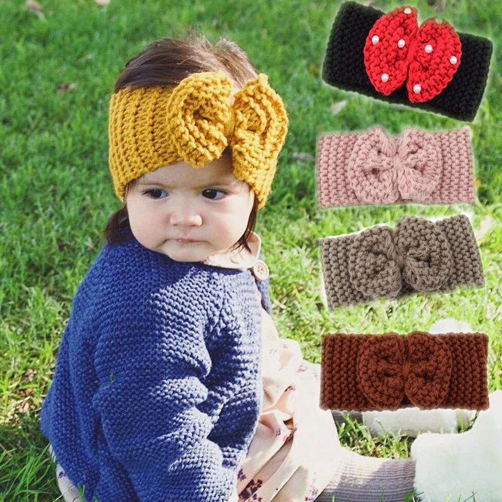 

Knitted Bow Wool Headband Baby Girls Hair Accessories Cartoon Red Black Knit Bowknot Headwrap Pearl Crochet Knot Turban Hairband