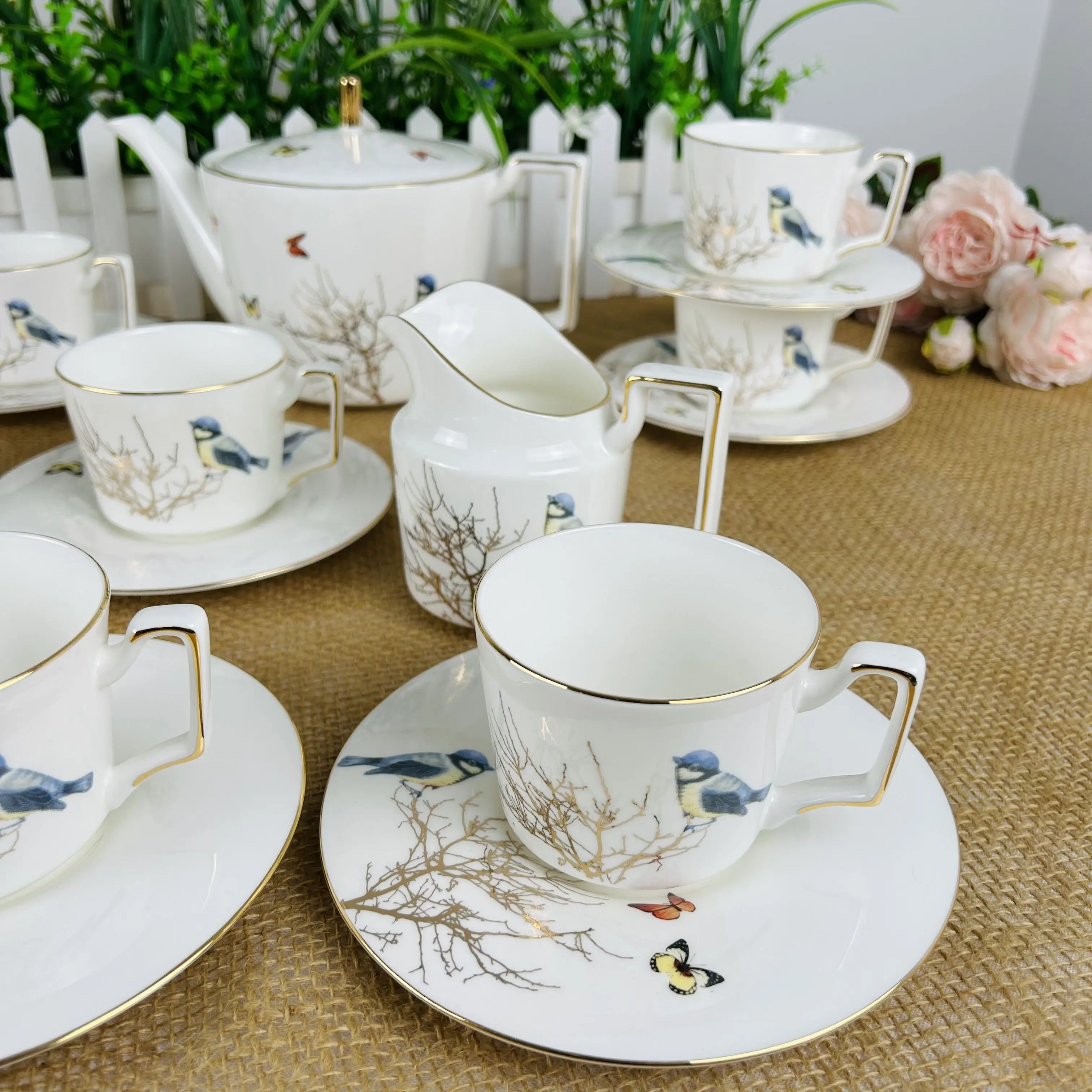 British Bone China Bird Butterfly Coffeeware, Court Coffee Cup, Cream Jar, Sugar Bowl, Afternoon Teaware, Black Coffee Tea