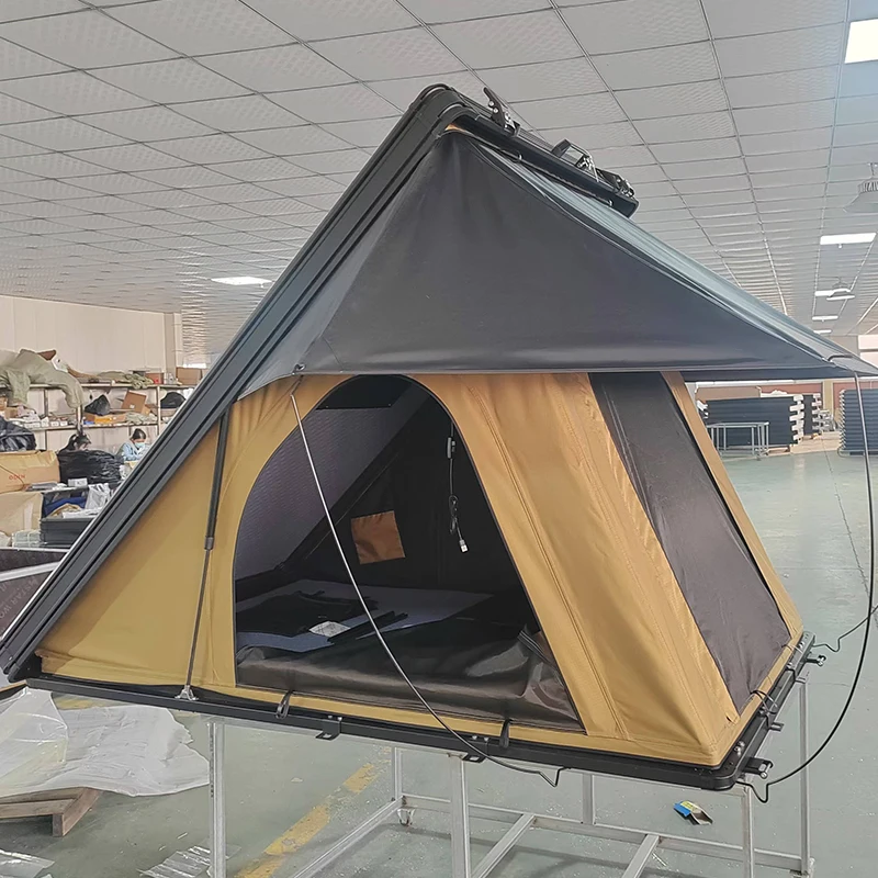 Triangular Aluminum Hard Shell Roof Top Tent with Canvas Fabric Four-Season Waterproof Foldable Camping Tent