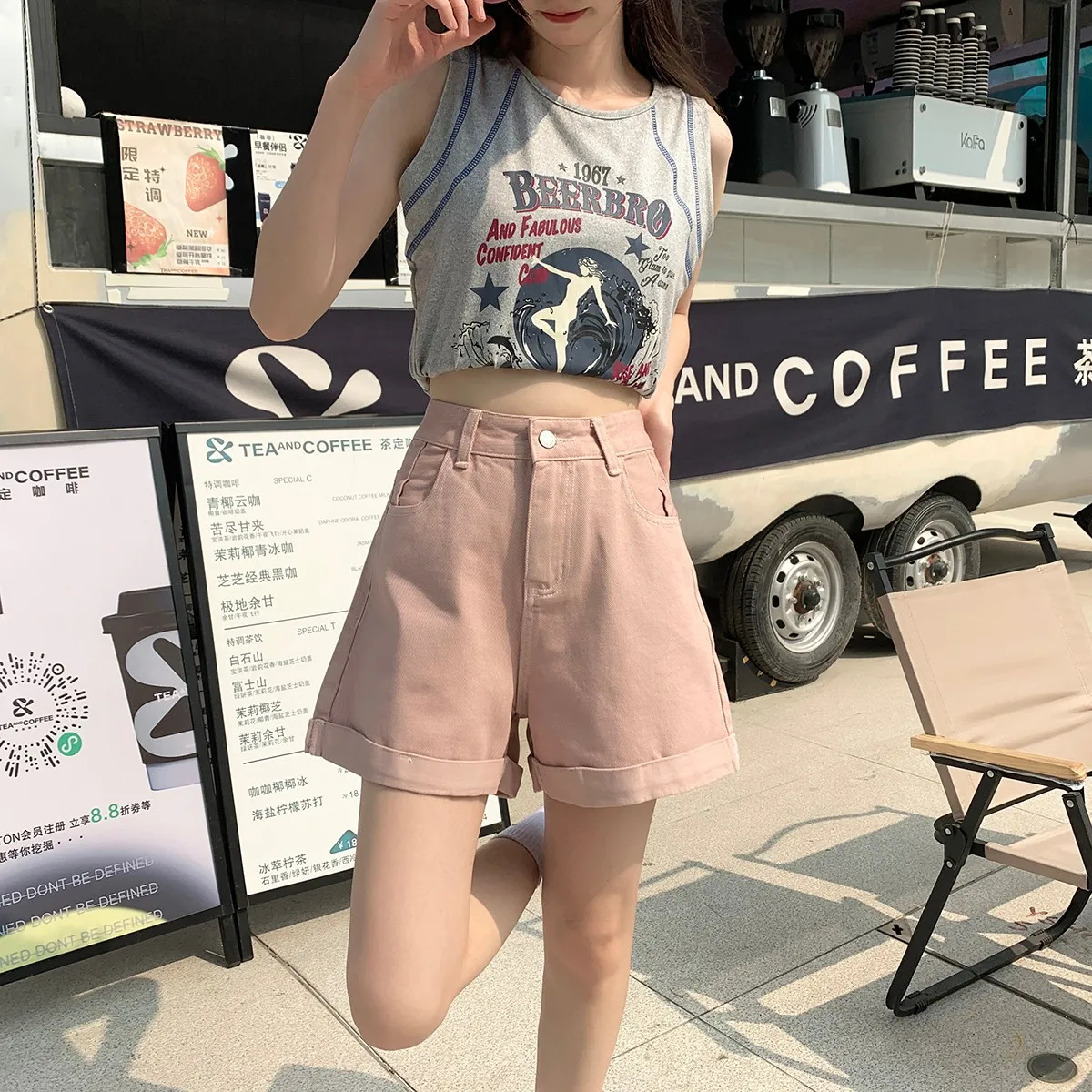 FINEWORDS Vintage Summer Casual Korean Wide Leg Shorts Jeans Streetwear High Waist Denim Shorts Cuff Candy Color Beach Shorts