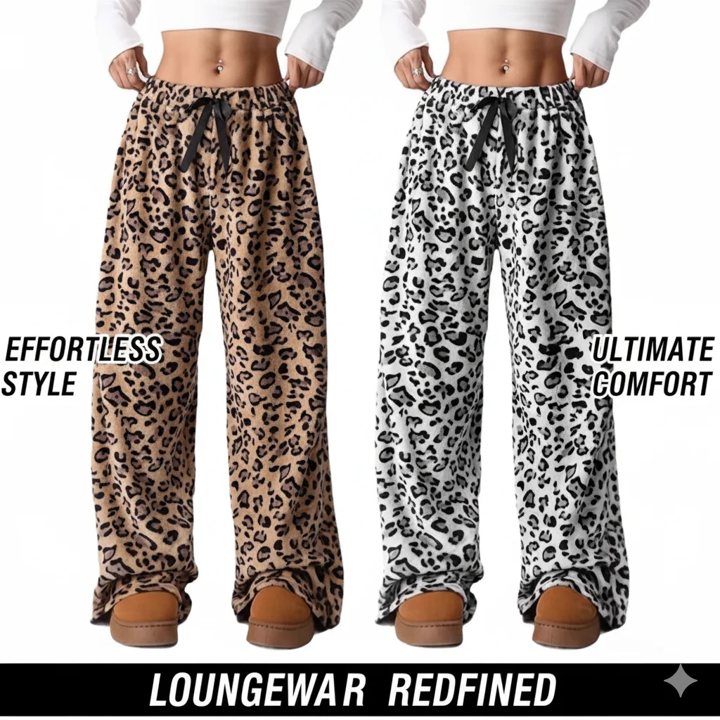 

Повседневные широкие пижамные штаны для женщин, брюки для отдыха с леопардовым принтом и эластичной завязкой на талии, мягкая домашняя одежда, одежда для сна