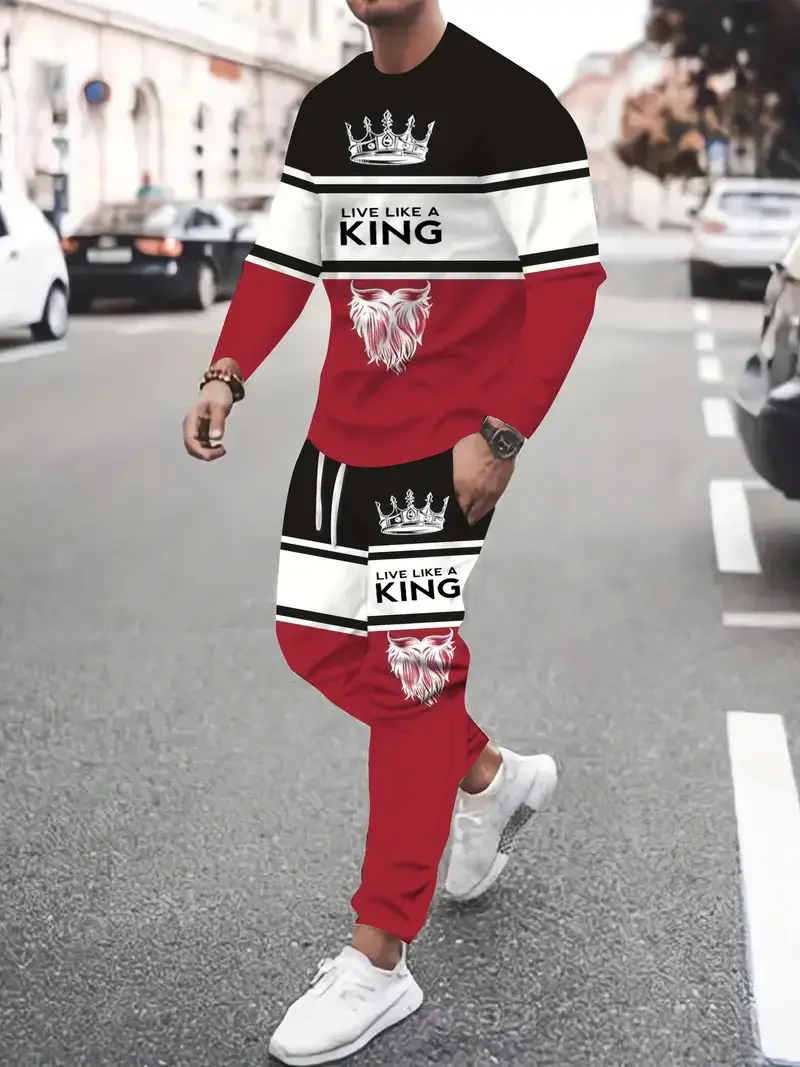 Popular Men's Long Sleeve T-Shirts Pants Set 3D Crown King Print Men Sportswear Summer 2025 New Tracksuit Jogger 2 Piece Outfits