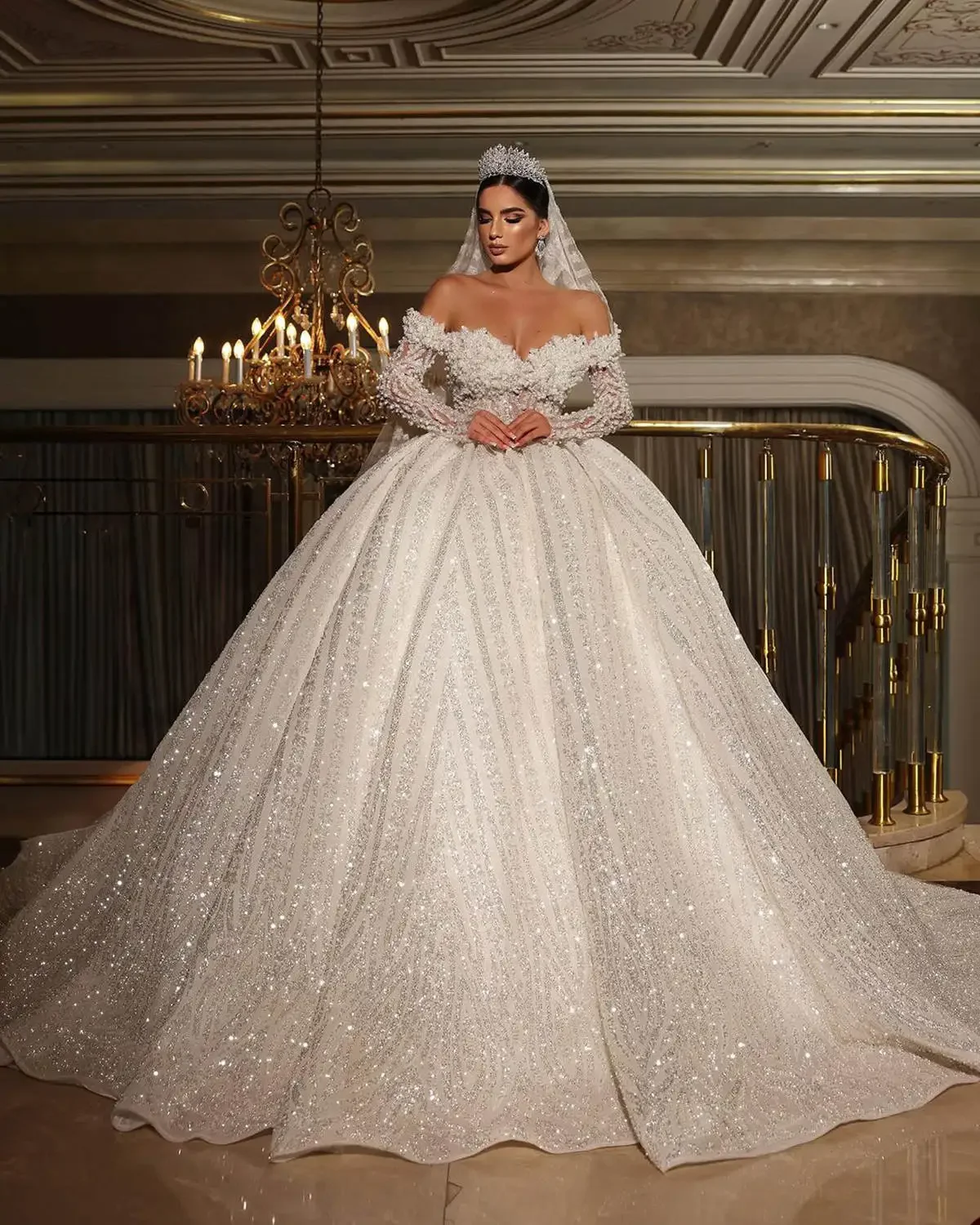 Customized Luxury Sweetheart Sparkling Bridal Ball Dress Arab Off Shoulder Long Sleeve Pearl Glitter A-line Wedding Dress