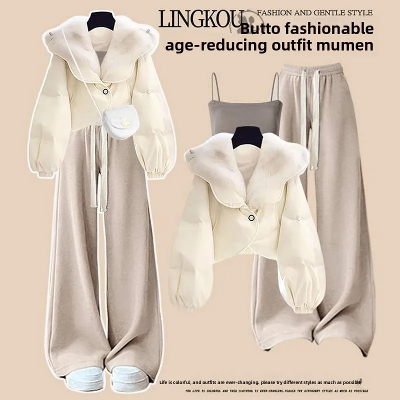 

Женский осенне-зимний комплект в стиле шинуазри больших размеров, повседневный модный комплект, утягивающий хлопковый топ, свободные брюки, комплект из двух предметов