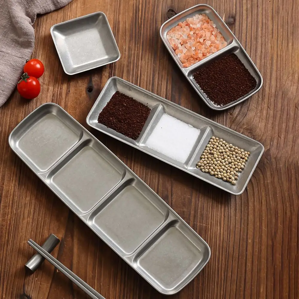 2Pcs Vielseitige Edelstahl Koreanische Sauce Gericht Unregelmäßige Form Industriellen Stil Dip Tablett Getrennt Vintage Würze Gericht BBQ