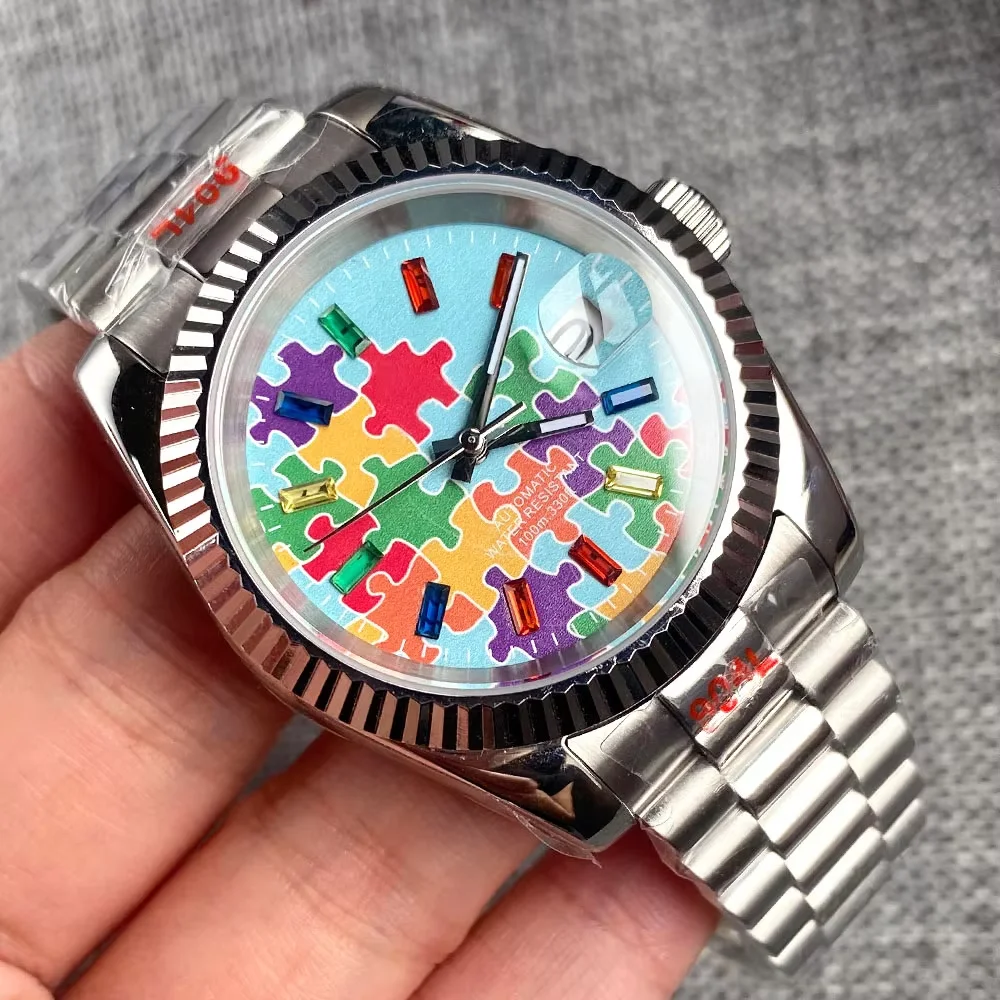 

36 мм 39 мм рифленый безель дата головоломка стальные механические часы мужские алмазные маркеры DJ 904L президент браслет Hombre часы