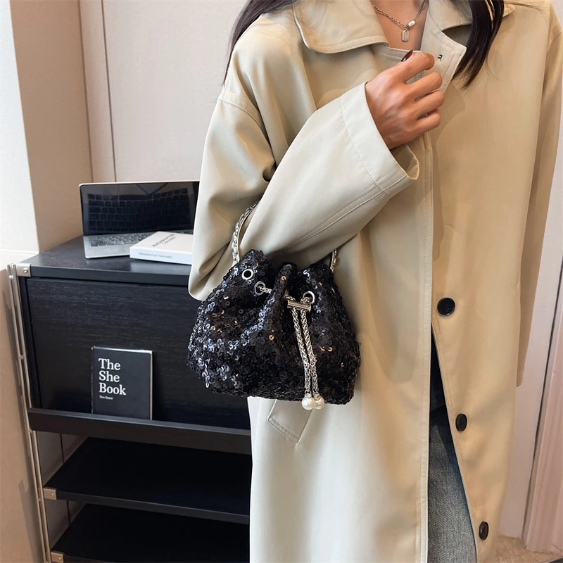 Fashion Bag For Women 2023 Luxury Silver Sequin Evening Clutch Bag Versatile Chain Crossbody Shoulder Bag Round Ring Handle Bag