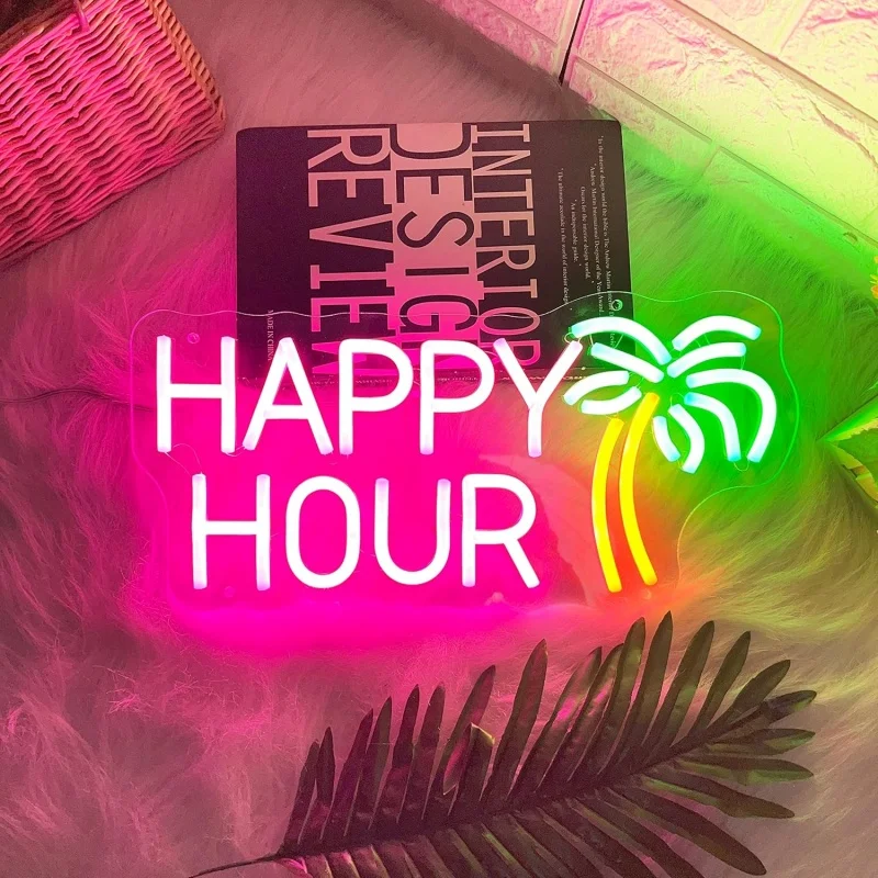 

Happy Hour Palm Tree Neon Sign Custom Bar Open LED Neon Sign Bar Home Wall Art Lounge Club Party Decor Welcome Sign Neon Art