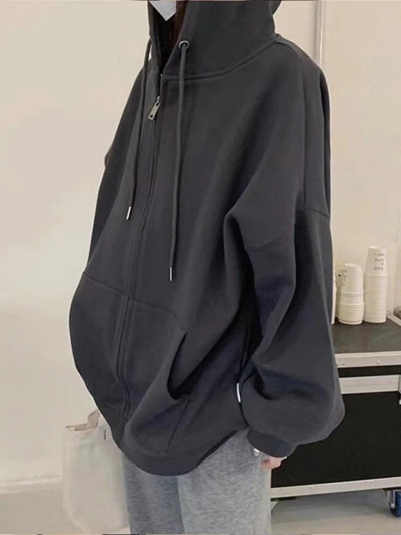 Spring and Autumn Dark Gray Women's Sweatshirt Hoodies Coat Korean Version Loose Look Thin Wild Sweatshirt Pure Cotton Simple