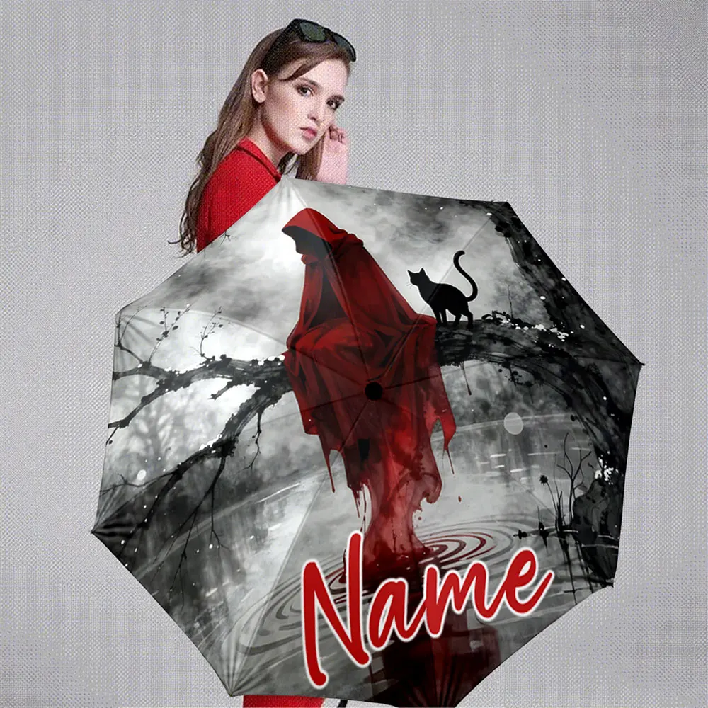 Custom Name Umbrella Dark Ink Hooded Figure with Black Cat 8 Iron Ribs Folding Umbrella Auto-Open Fashion Sunshade