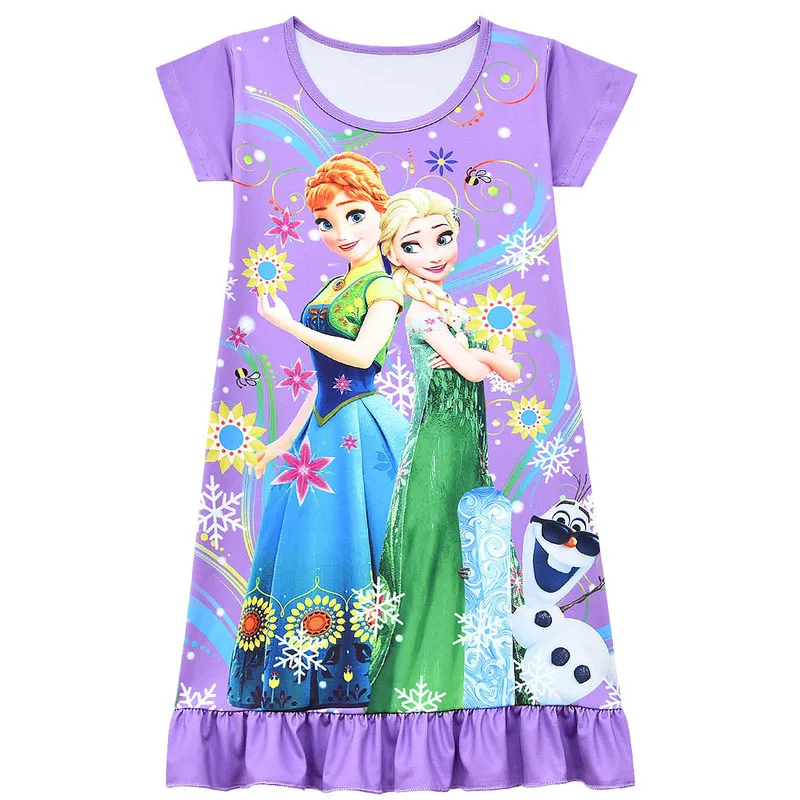 Frozen Ii Cartoon Kawaii Girls Summer Short Sleeve Pajamas Nightdress Home Clothes Polyester Printed Short-sleeved Ruffled Skirt