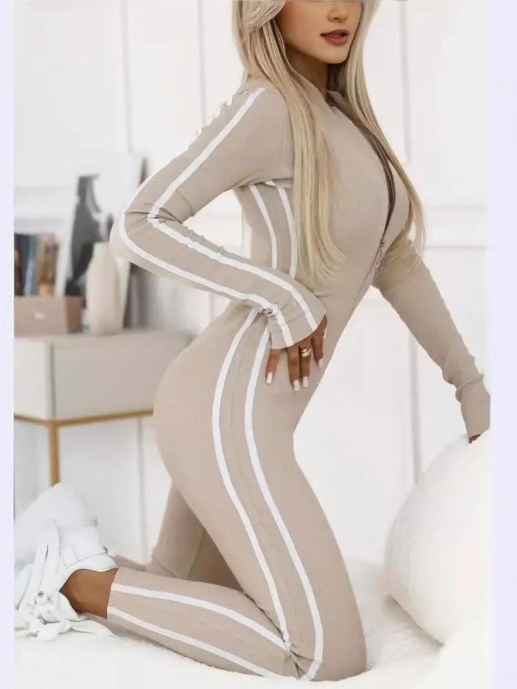 Trendy Black/beige Bodycon Jumpsuit Women Sport Rompers Autumn Winter Stripe Splic Fitness Long Sleeve Zipper Elastic One Piece