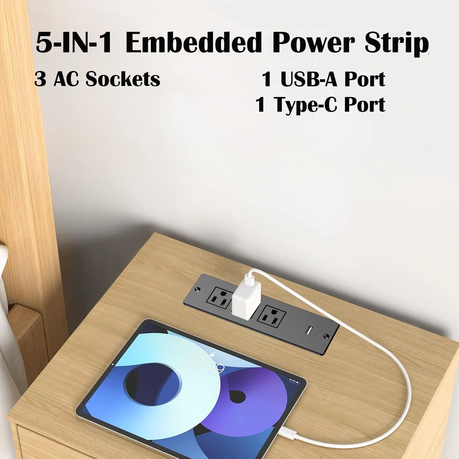 Elegant Integration Flush Mount Charger, 3 Outlets & 2 USB A/C Ports for Nightstand and Side Table, Designer Touch Control Hub