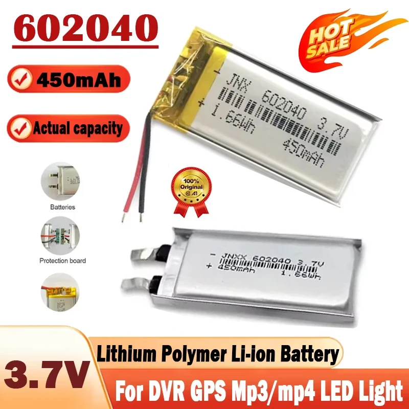 602040 3.7V 450mAh Lithium Polymer Li-ion Rechargeable Battery for GPS MP3 MP4 MP5 Car DVR Tachograph Headphone Li Ion Cell