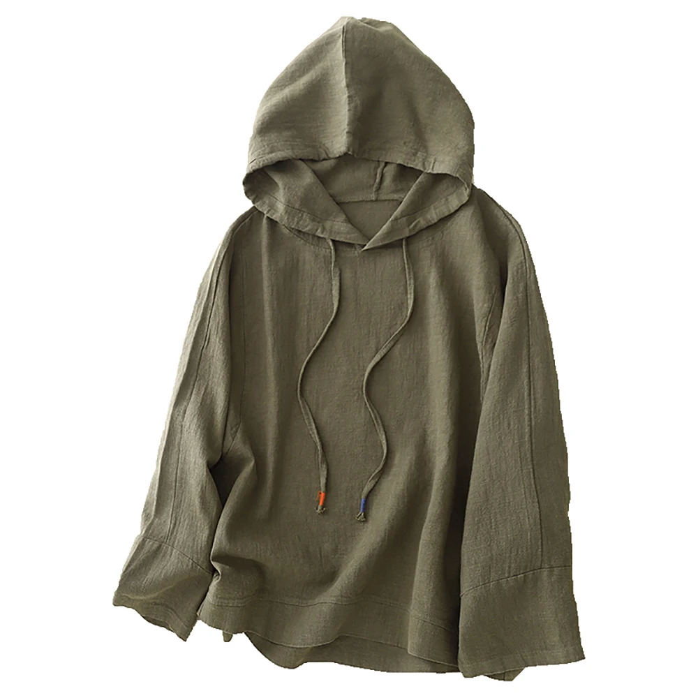 Início do outono fino algodão linho hoodies para mulher casual sólido all-match solto com capuz pulôver manga cheia moletom com cordão