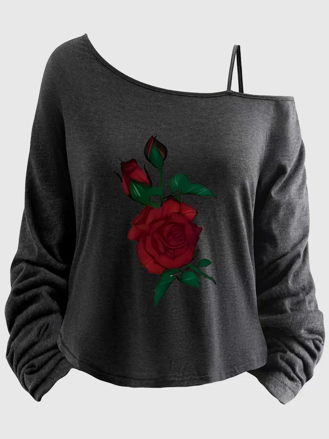 

Large-sized women’s top with printed sleeves, spaghetti straps, asymmetrical neckline, 1-8XL, letters (XT).