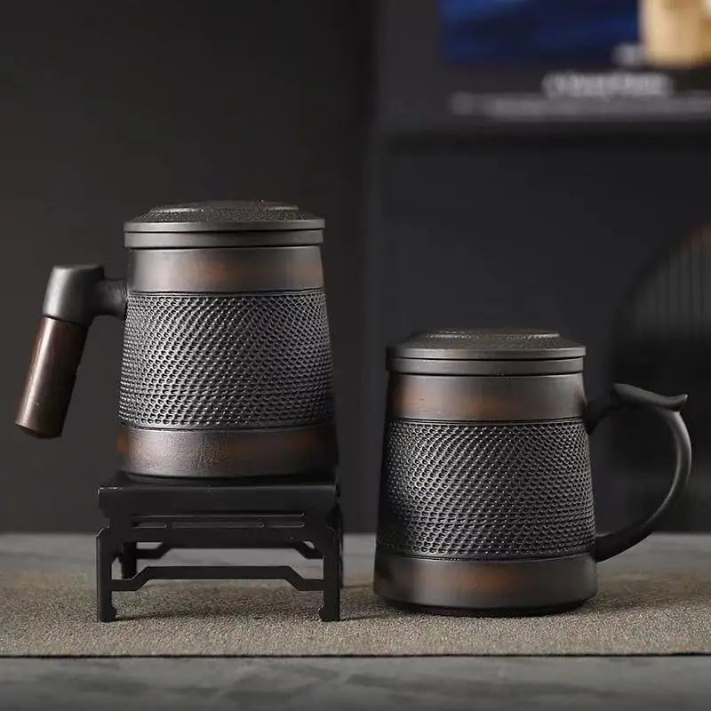 Vintage Handmade Purple-Clay Mug with Jump-Carved Texture, Premium Mug for Office Tea Separation, Lid Keeps Dust Away Cleanly