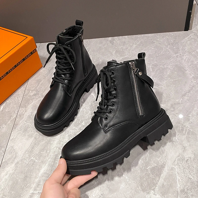 

35-40 2022 Autumn Winter Fashion Sports Boots Women Mid-Calf Boots Ladies Non-slip British Style Shoes Zipper PU Leather Boots