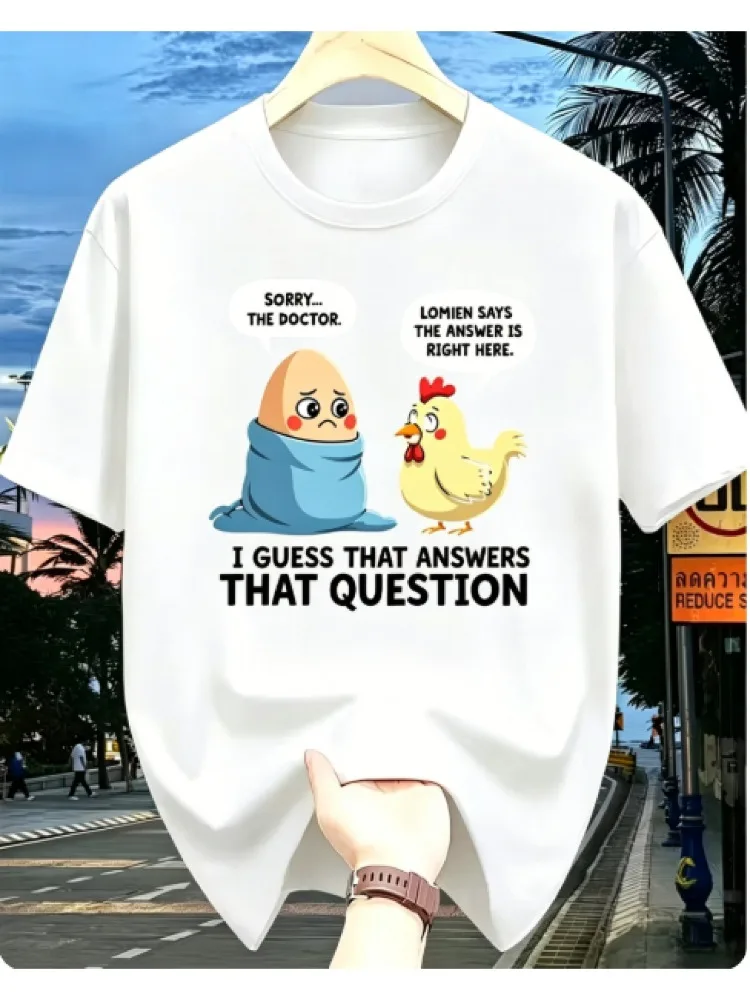 Mens Black Cotton Tee Chicken Egg Funny Meme Cartoon Speech Bubble Print Crew Neck Short Sleeve Humor Oversized Male Street Top