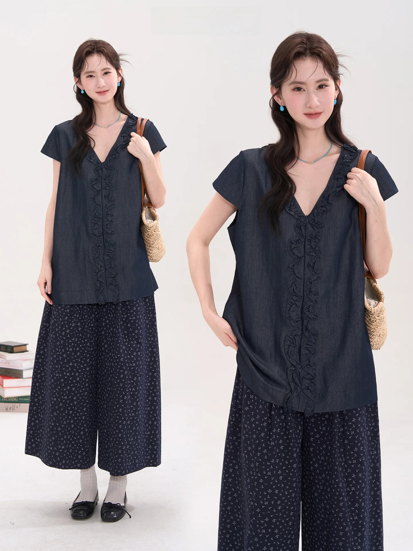 

Модная женская свободная блузка с рюшами и цветочным узором, универсальный летний топ с V-образным вырезом из полиэстера