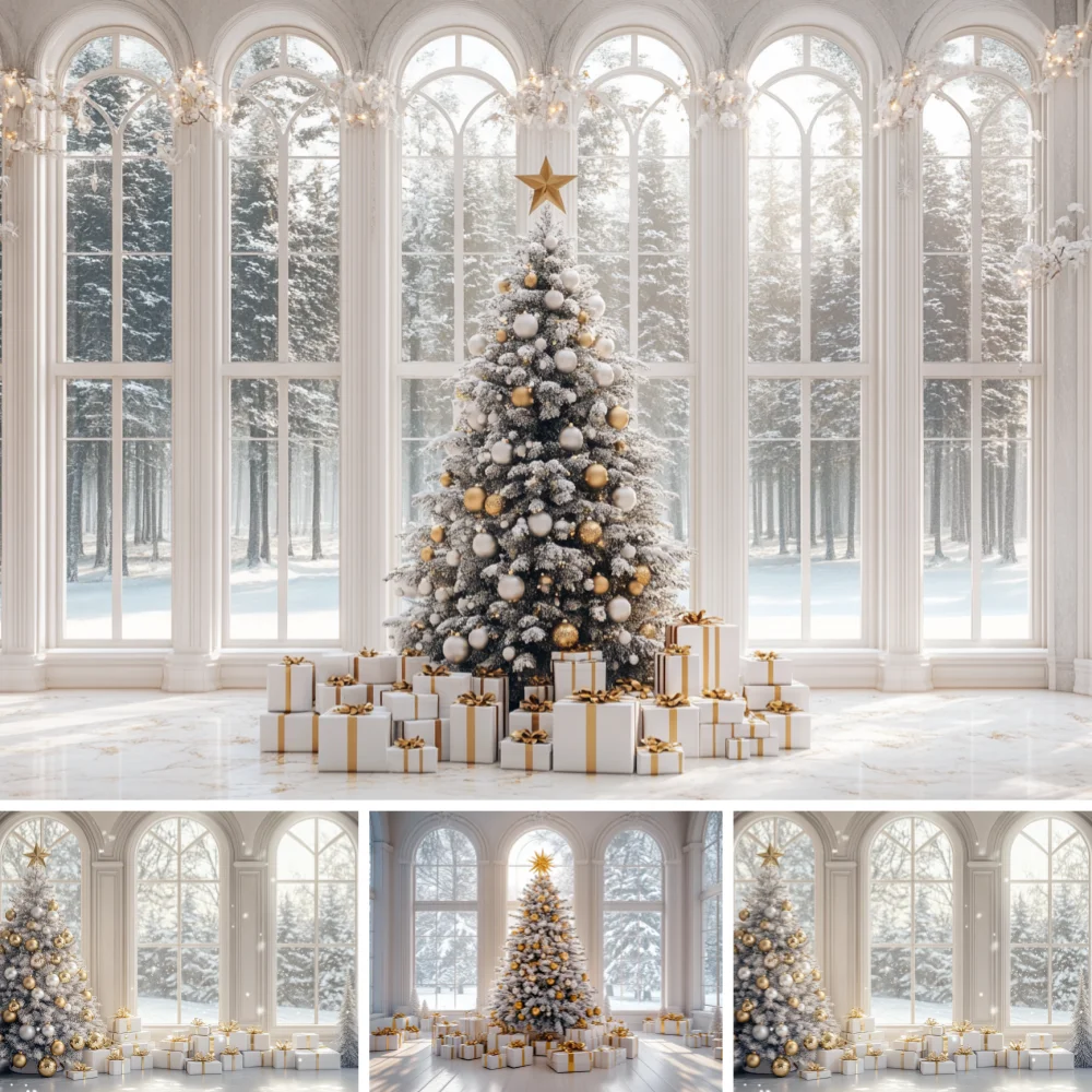 

Arch Window Xmas Photo Backdrop Snow Pine Tree Gift Box Golden Star Decor Background Family Kids Holiday Studio Portrait Prop
