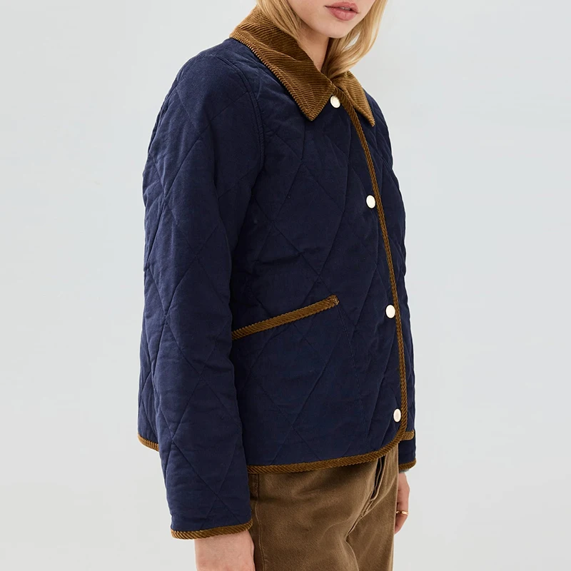 المرأة التباين سروال قصير تقليم مبطن سترة الرجعية التلبيب طوق زر أسفل طويلة الأكمام معطف الشتاء الدافئ معاطف امرأة خارجية