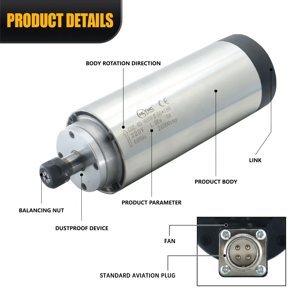 Motore mandrino per fresatura metalli HLTNC ad alta velocità 24000 giri/min raffreddato ad acqua ad aria 2.2kw ER20 per motore mandrino CNC per fresatura CNC
