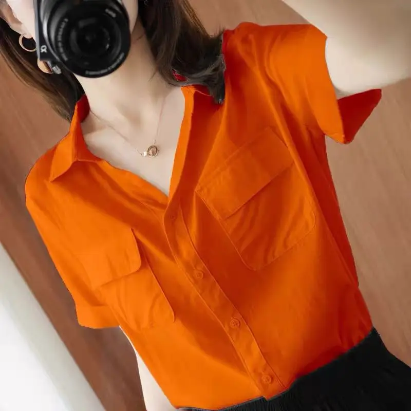 Fashion V-Neck Spliced Solid Color Pockets Shirt Women\'s Clothing 2023 Summer New Oversized Casual Tops Loose Korean Blouse