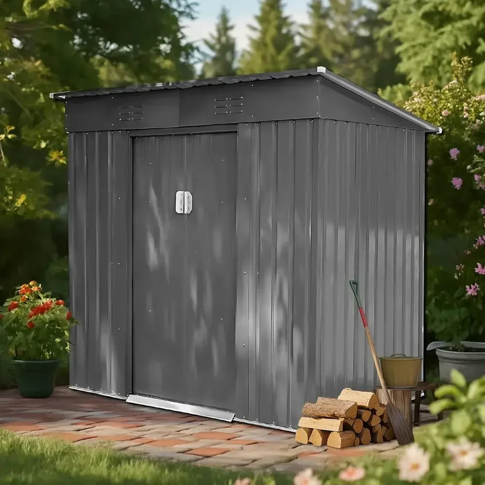 6x4 Outdoor Garden Storage Shed with Lockable Door and Sloping Roof, Durable Metal, Light Gray