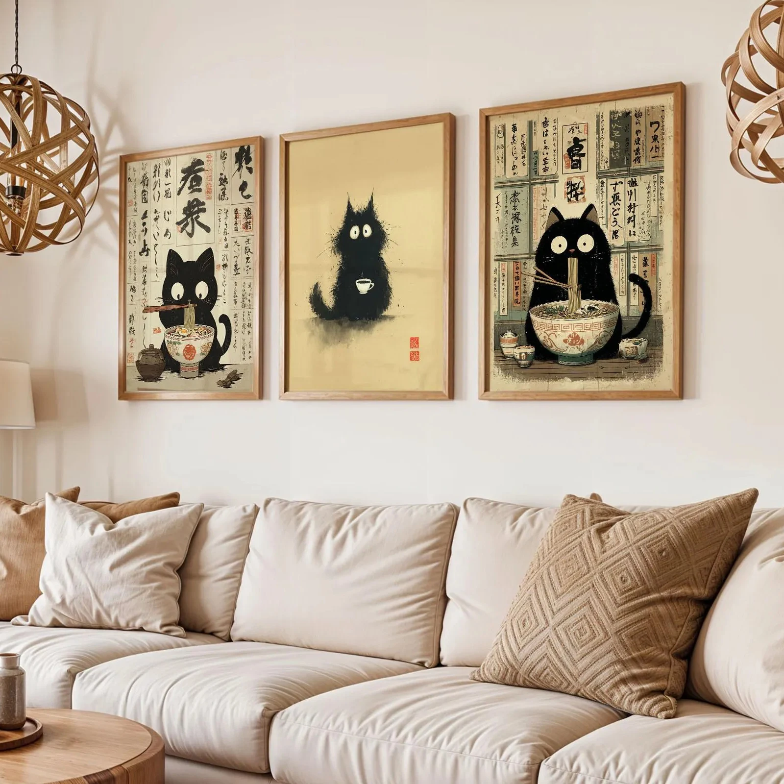 Set of 3 Japanese-Style Cat Art Prints Ukiyo-e Inspired Ramen Posters Whimsical Black Cat Kitchen Decor Fun Noodle Shop Wall Art
