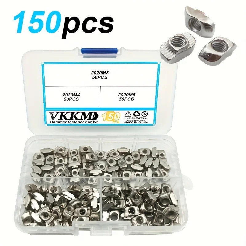 2020 시리즈 T 너트: M3 M4 M5 해머 헤드 패스너 너트 키트, 20 시리즈 알루미늄 프로파일-니켈 도금 탄소강, 150 개