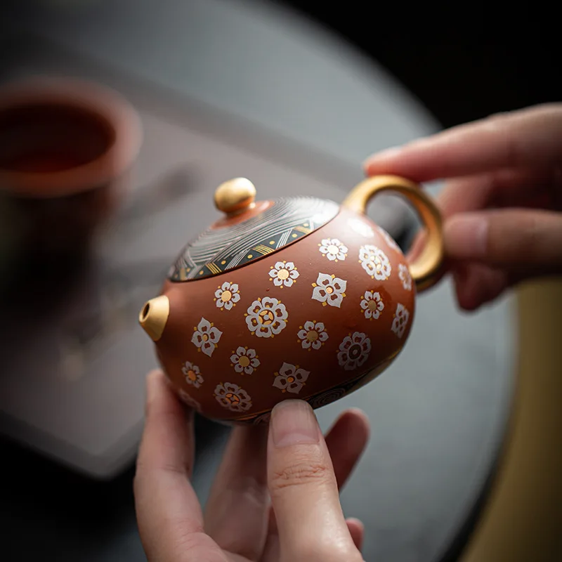 Tracing gold purple teapot household small Xishi pot single ceramic teapot kung fu tea set tea infuser