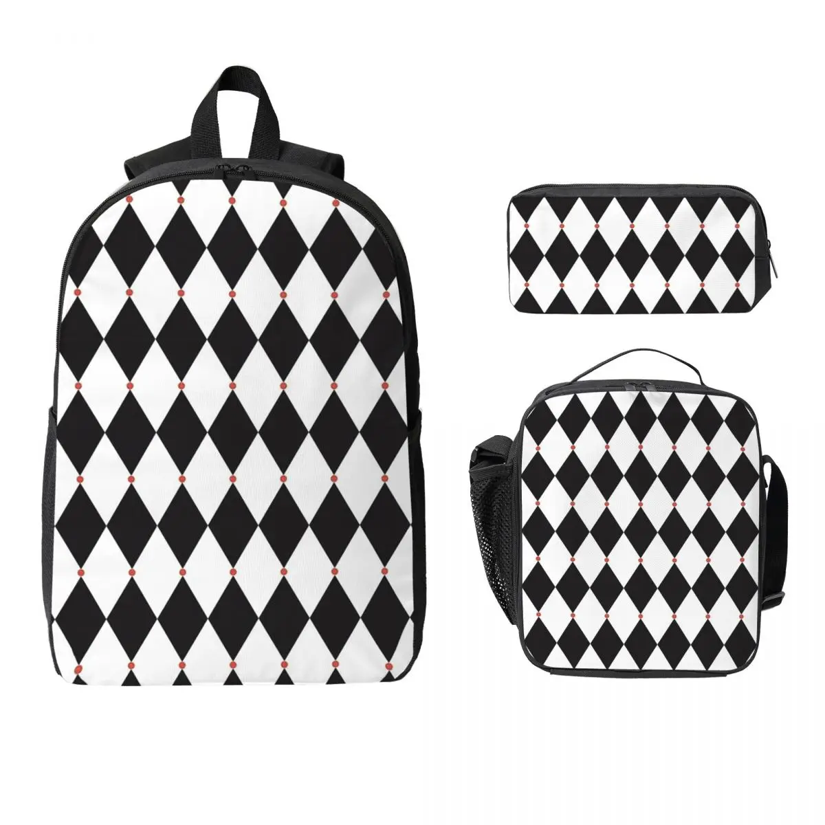 

Harlequin Plaid Playing Cards Backpack Boys Girls BookBag School Bag Computer Shoulder Bags 3ps Insulated Lunch Bag Pencil Case