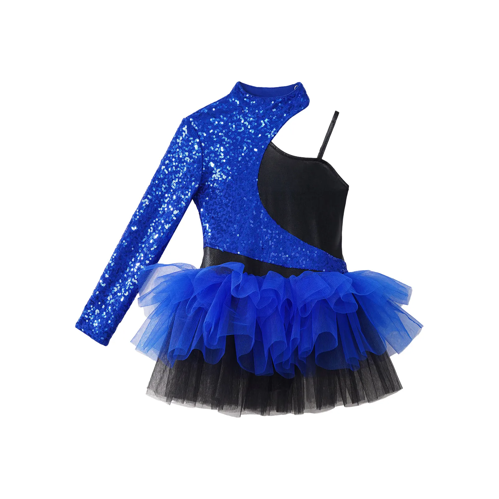 Children Jazz Dance Costumes Kids Girls Shiny Sequins Gymnastics Leotard Dress Asymmetrical Sleeves Tulle Skirt Stage Dancewear