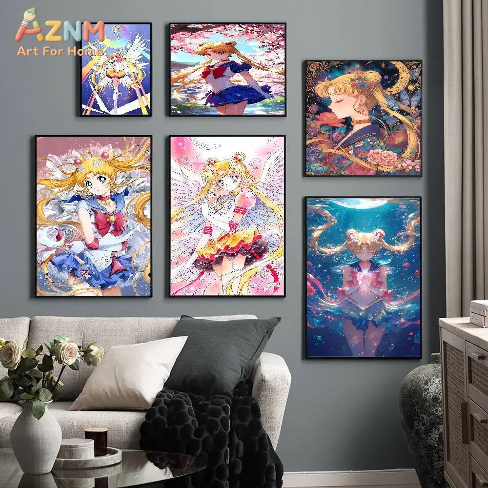 AZNM Sailor Moon Anime Canvas Wall Art, Usagi Tsukino Aesthetic Poster Print, Unframed Canvas Painting for Girls Bedroom Living